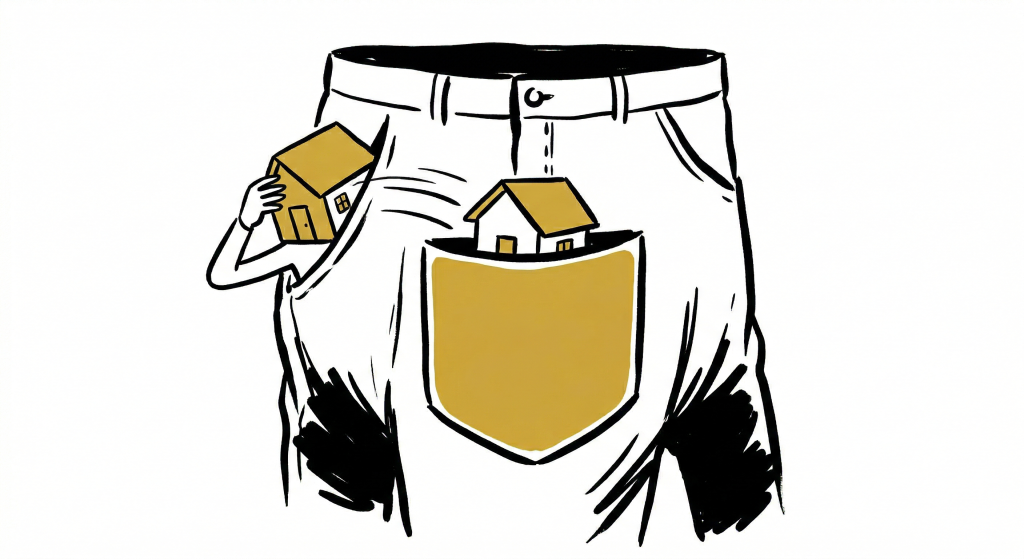 Ilustración conceptual de una vivienda pasando de un bolsillo privado a uno común en gananciales.