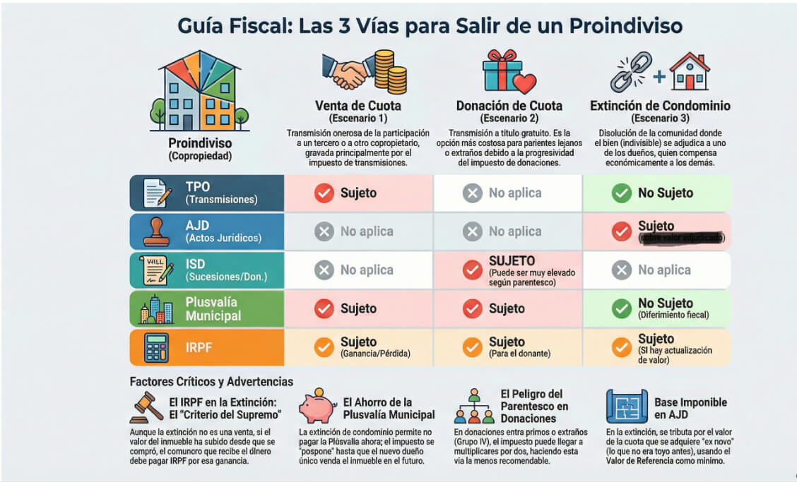 Infografía comparativa de impuestos: Extinción de condominio vs Compraventa y Donación de cuota